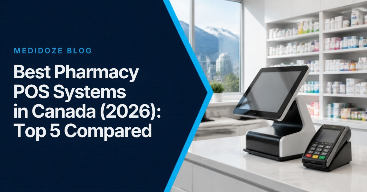 Best Pharmacy POS Systems in Canada (2026): a modern pharmacy checkout counter with a POS terminal