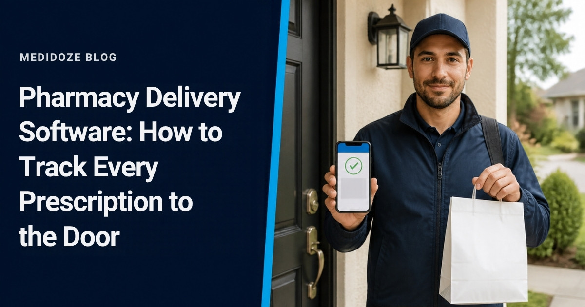 Pharmacy Delivery Software: a courier at a front door holds a pharmacy bag and a phone showing a confirmed delivery