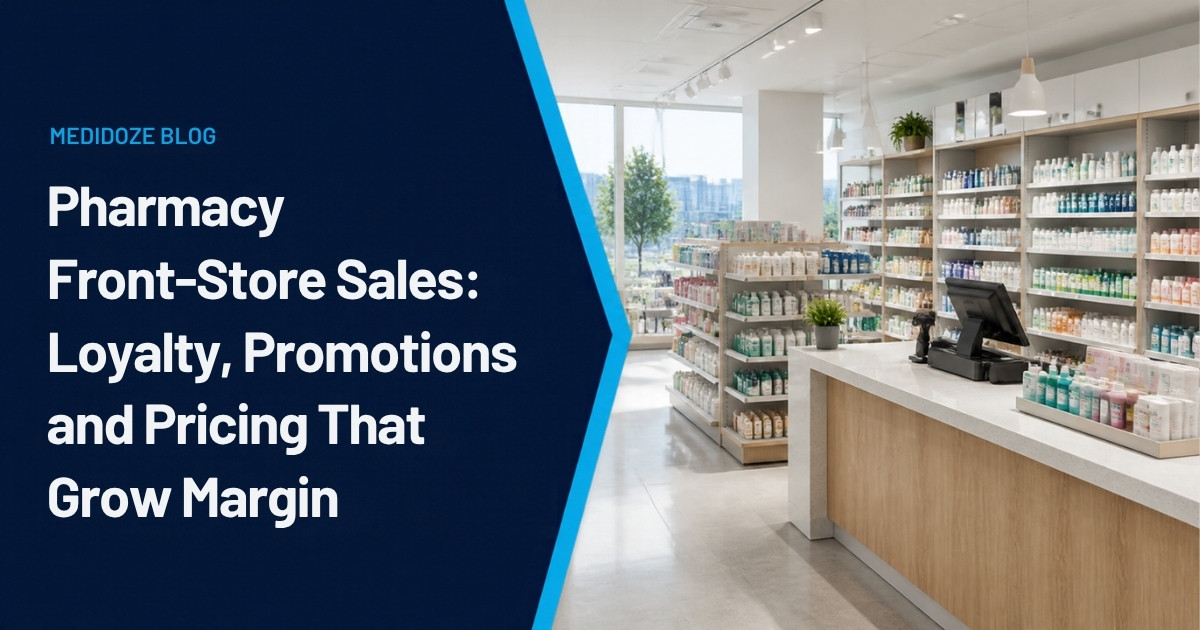 Pharmacy Front-Store Sales: bright pharmacy shelves with a checkout counter in front