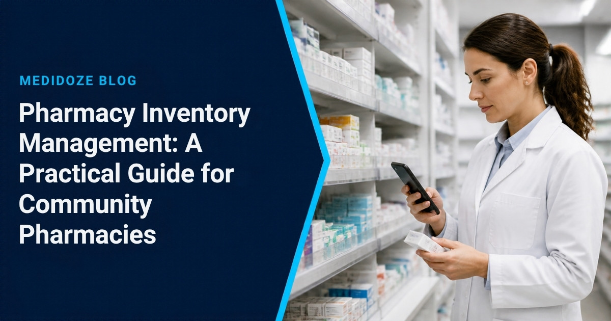 Pharmacy Inventory Management: a pharmacy team member updating stock on a phone in the aisle