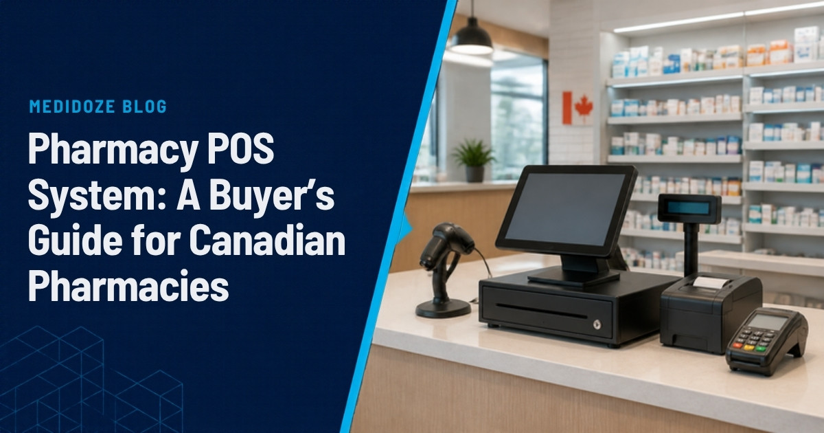Pharmacy POS System: A Buyer's Guide for Canadian Pharmacies, with a POS terminal, scanner, receipt printer and card terminal on a pharmacy counter