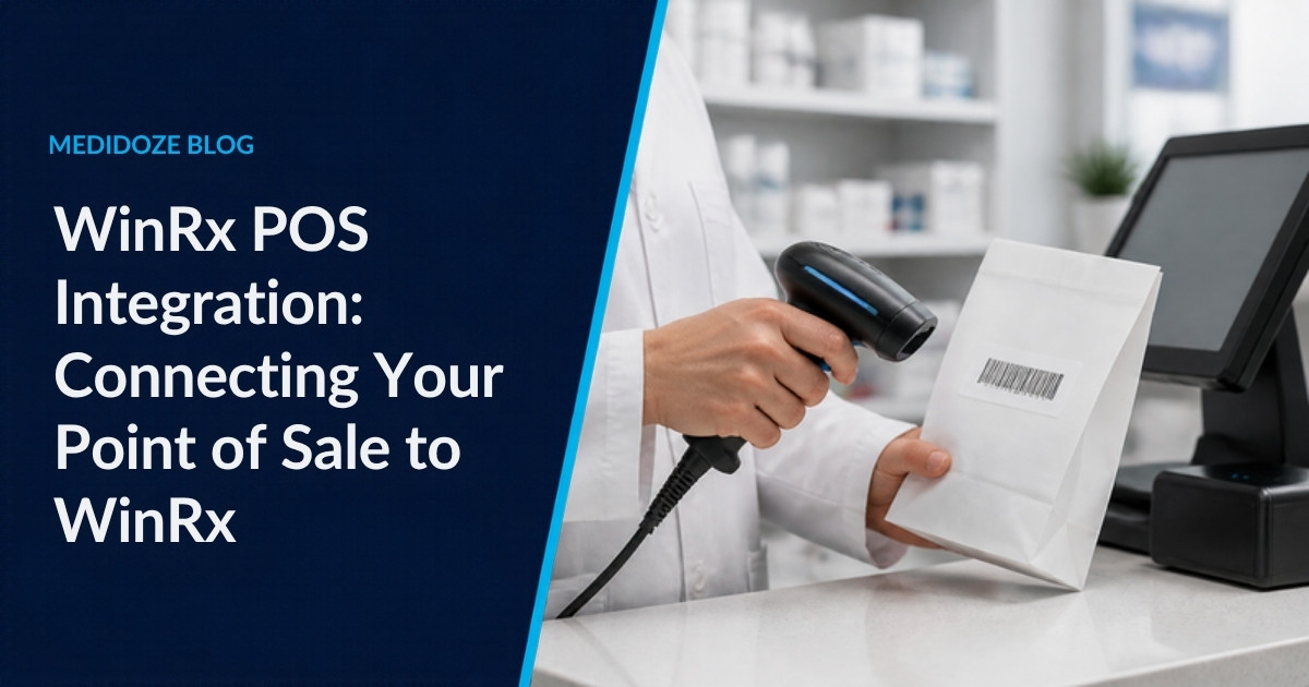 WinRx POS Integration: a pharmacist scans a prescription bag beside a POS terminal